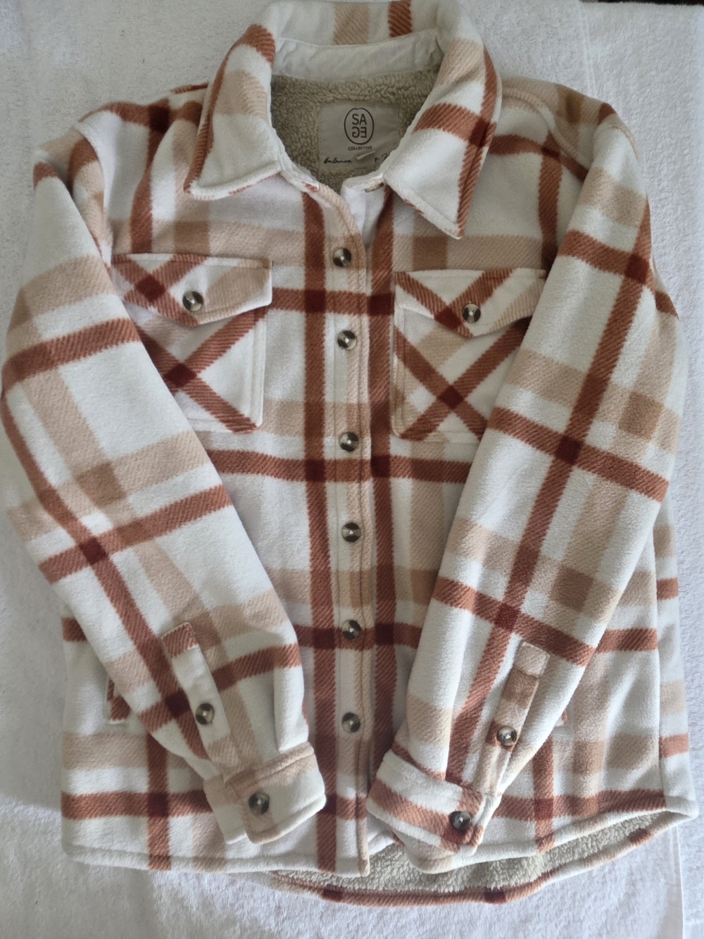 SAGE Collective Plaid Sherpa Lined Fleece Shirt Jacket Shacket Cream Rust